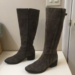 Born Distressed Suede Tall Boots Block Heel 8.5 M Wide Calf Taupe